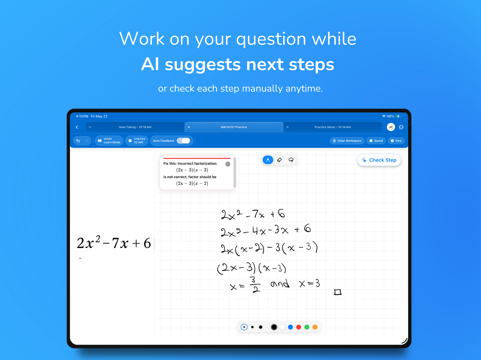 StepNote workspace giving step-by-step feedback on handwritten algebra