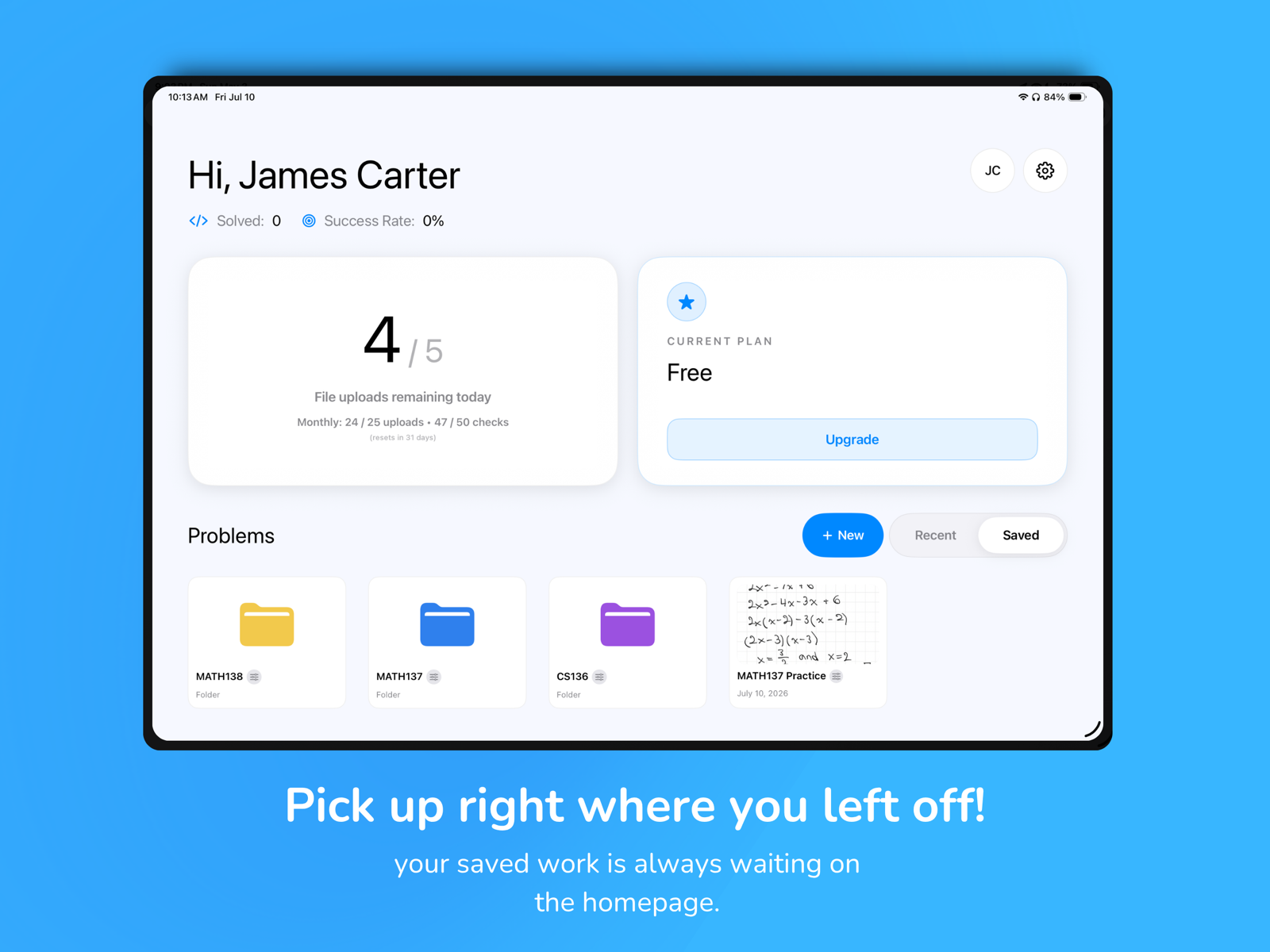 StepNote home screen with saved problems and folders
