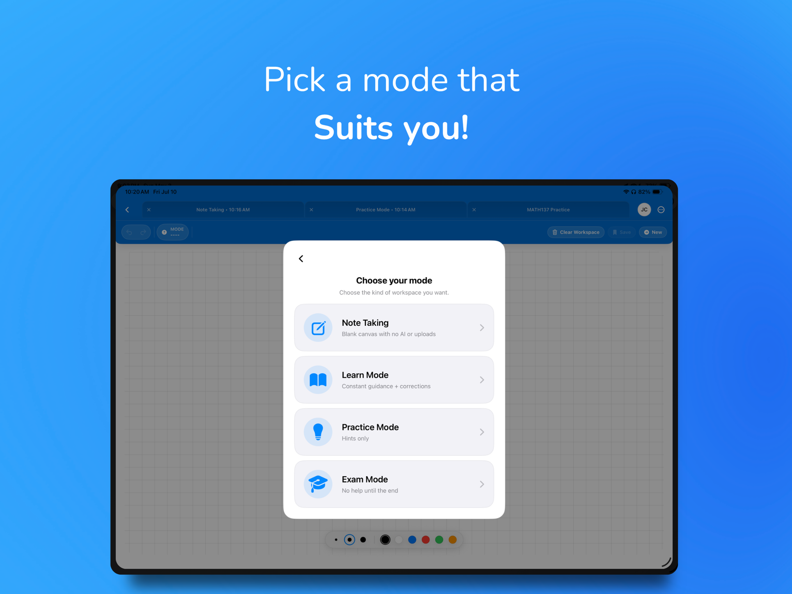 StepNote mode picker with Note Taking, Learn, Practice, and Exam modes